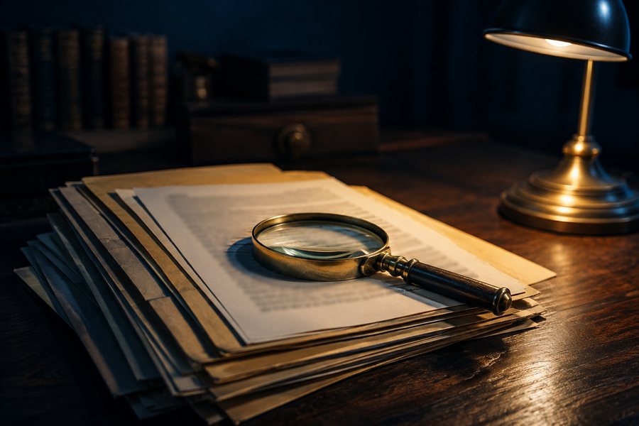 Dossier folders with a brass magnifying glass