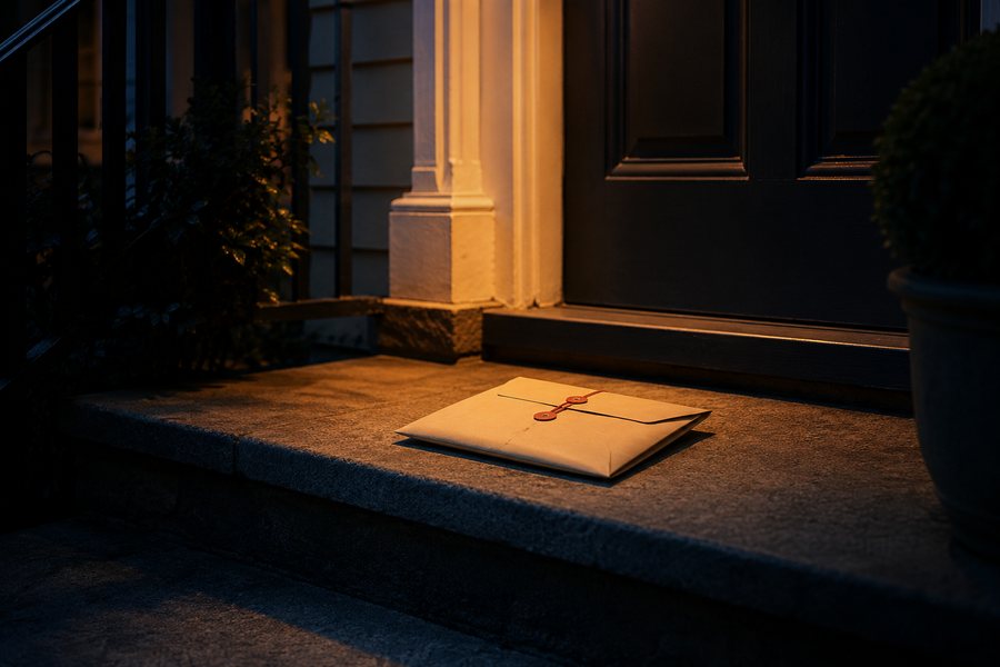 Sealed envelope on a doorstep at dusk