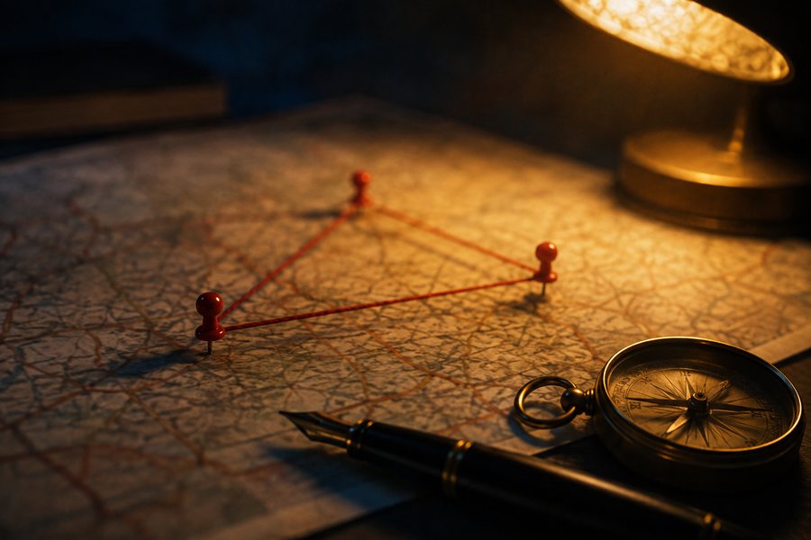Map with red pins connected by string